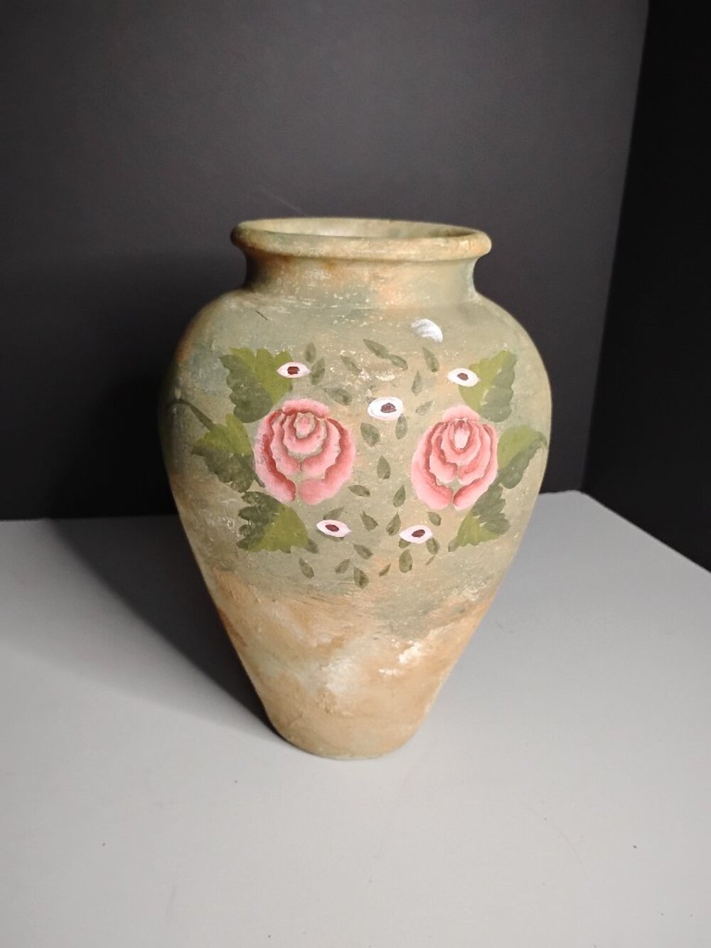 Vintage Cottage Core Vase Handcrafted Handpainted Pink Roses 10" Inches Tall